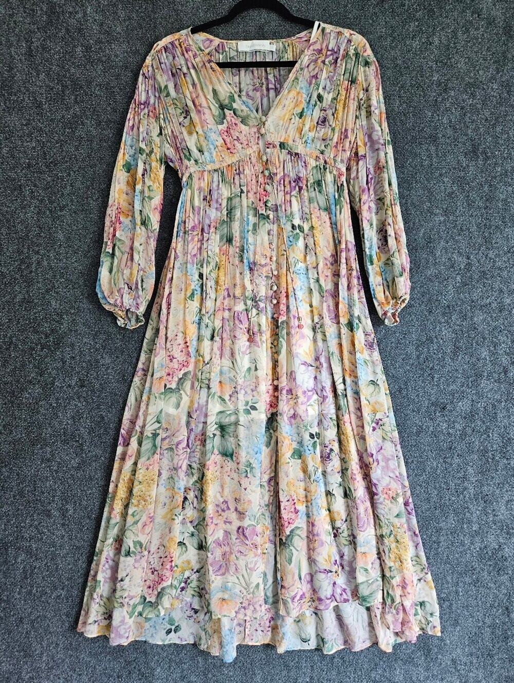 Zimmermann Cream Floral Maxi Dress with Pink, Lavender and Yellow Accents